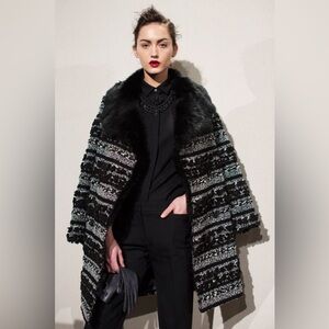 J. CREW Wool Blend Black White Striped Bouclé Coat Italian Shearling Fur Collar